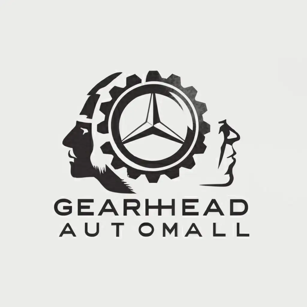 a logo design,with the text "Gearhead AutoMall", main symbol:GearHead with Mercedes cars,Moderate,be used in Automotive industry,clear background