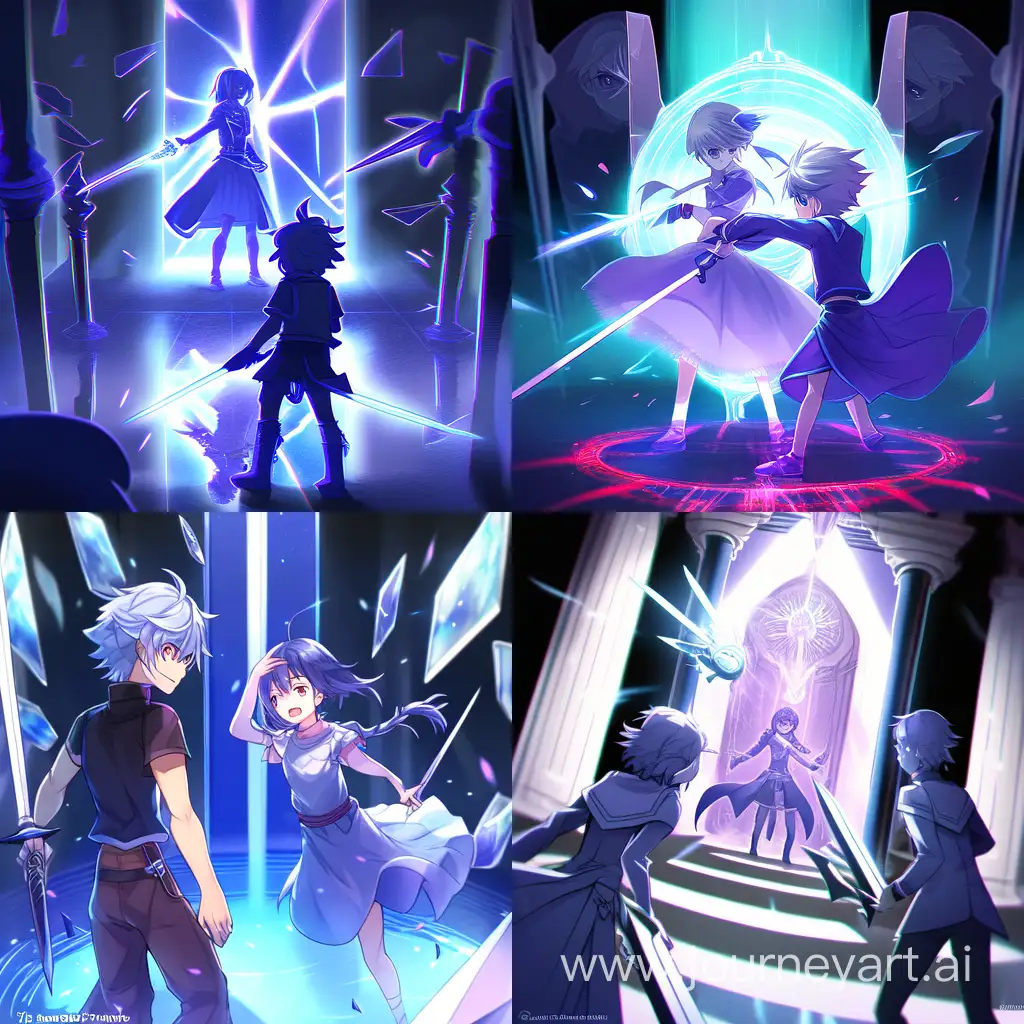 Twins, a girl and a boy being separated by a large mirror, the boy wields a sword, the girl wields a spear, both are spirits, blue-grey-purple color scheme