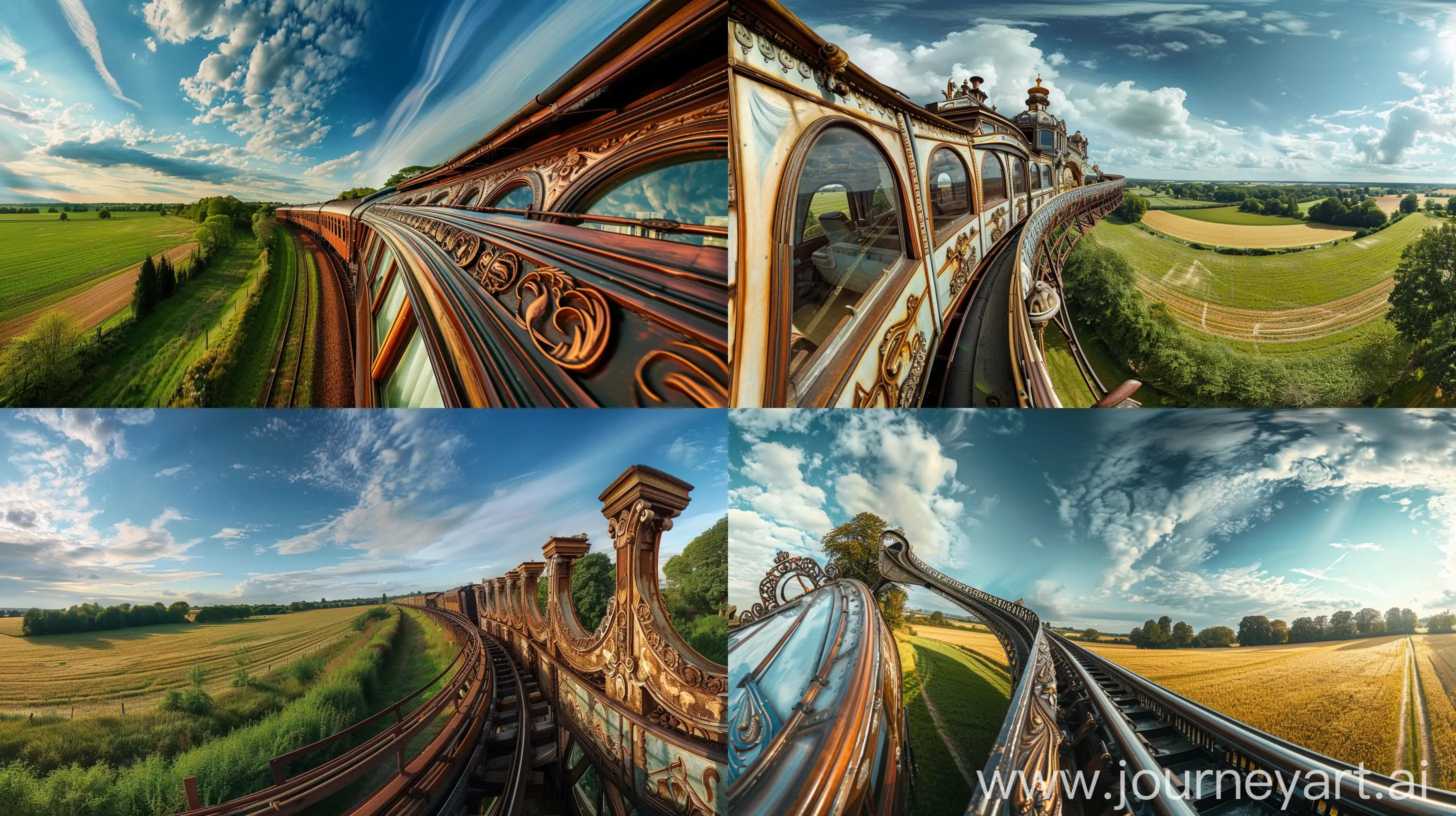 A stunning, high-angle panoramic photo of a vintage Victorian train moving gracefully through the idyllic countryside. The train, adorned with intricate decorative elements, is surrounded by lush green fields and a beautiful blue sky. The camera pans along the train, capturing the elegant curves and attention to detail. The overall ambiance of the image is reminiscent of a bygone era, evoking a sense of nostalgia and adventure., photo --ar 16:9 --v 6.0
