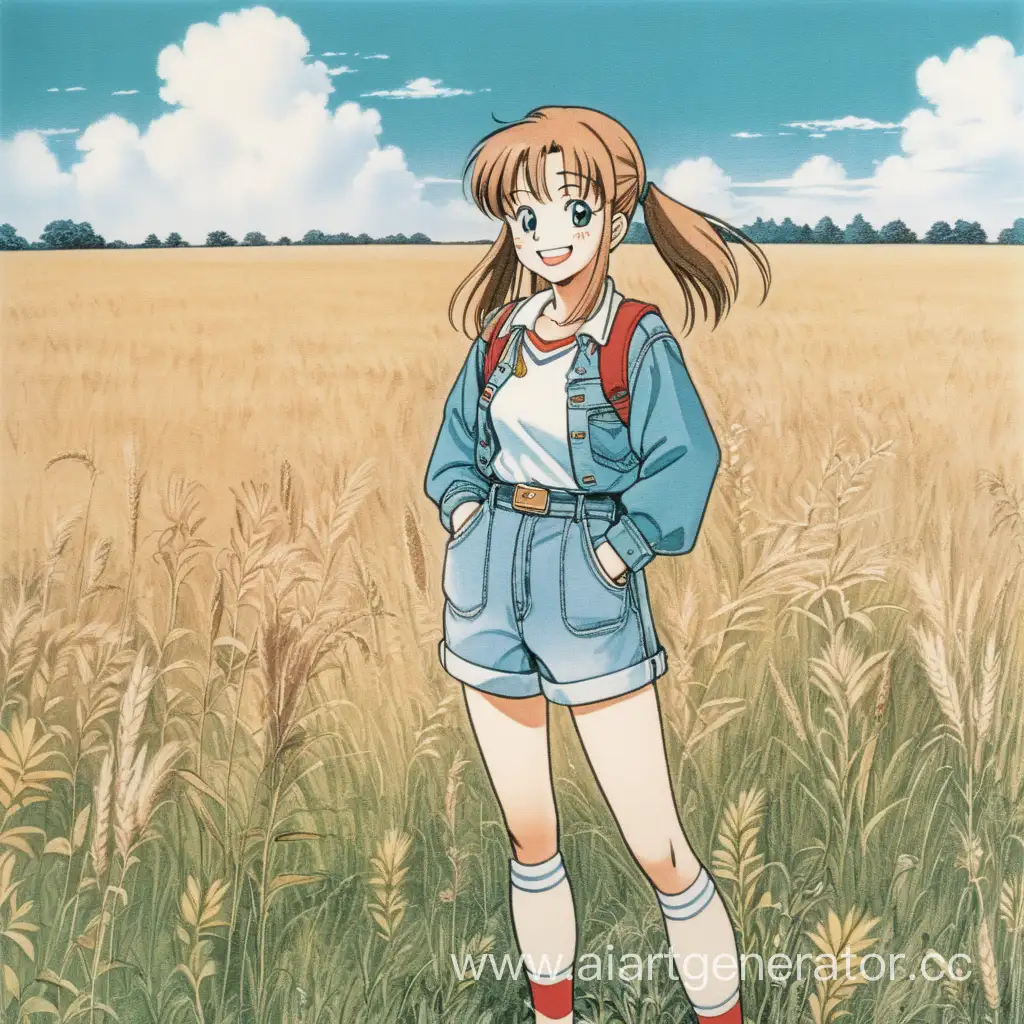 Девочка аниме старый стиль 90е годы стоит в поле улыбается