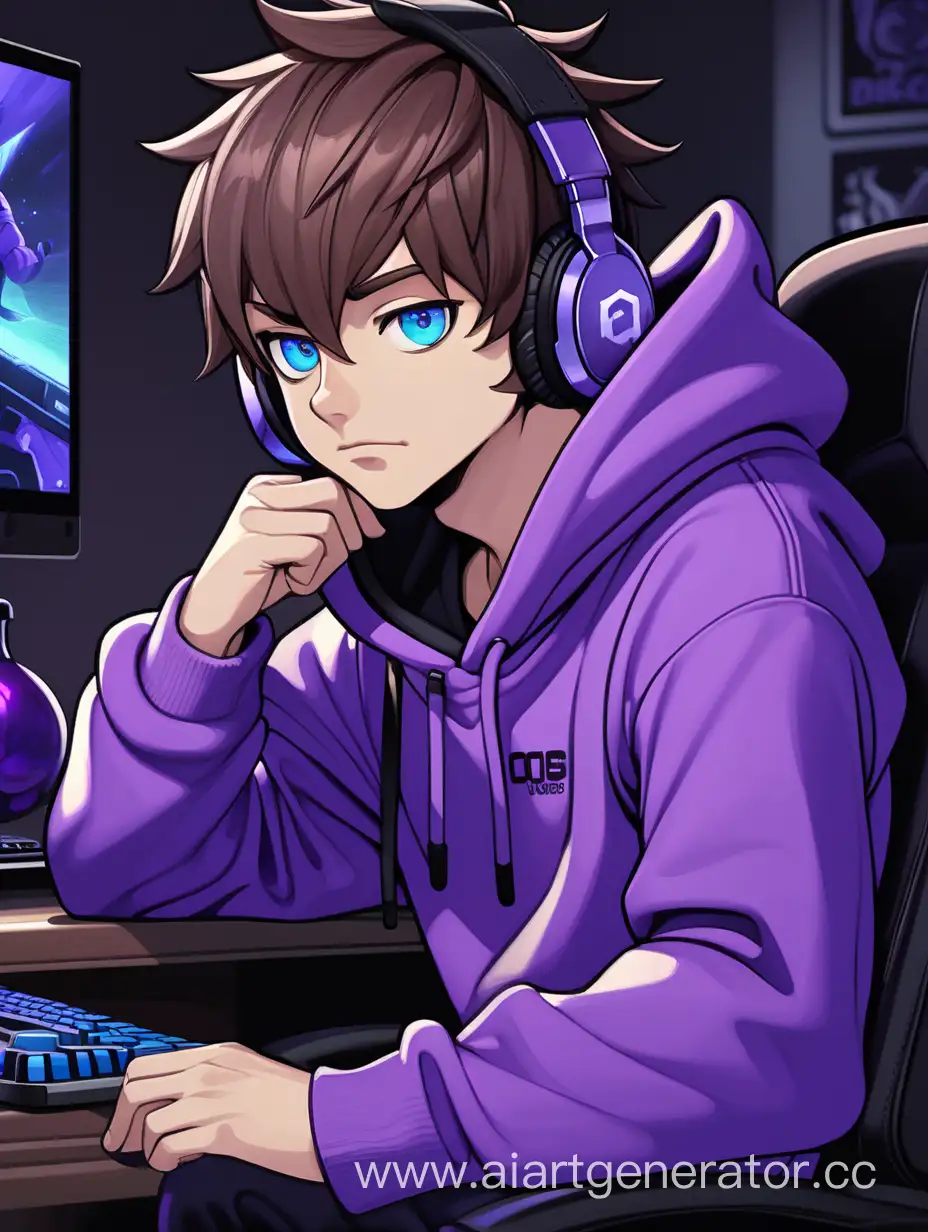 streamer boy, with brown hair, blue eyes, in a purple hoodie, with a sly face, sitting in a gaming chair in a room with a minimalist renovation in dark colors, looking at a computer where discord is turned on



