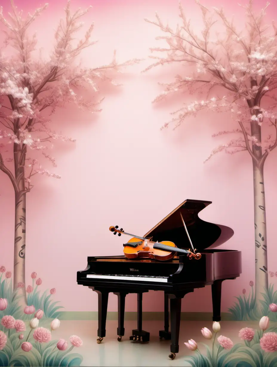 威廉・莫里斯畫風,畫花,小提琴,鋼琴,在粉色春天背景前,呈現夢幻感覺,部分模糊不清