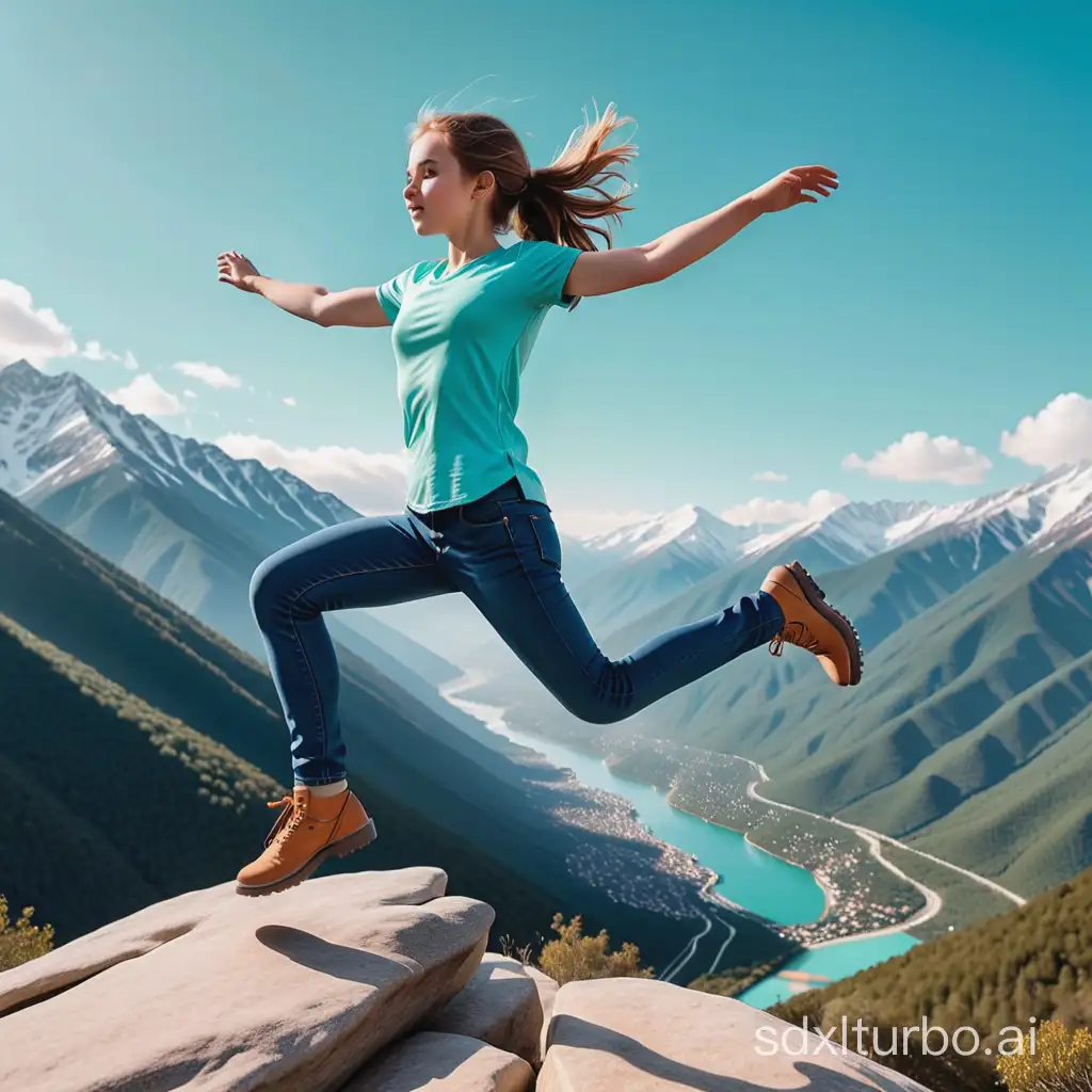 A girl in turquoise top and nay blue jeans leaping from one mountain to another mountain, the focus of the image must be on leaping of girl