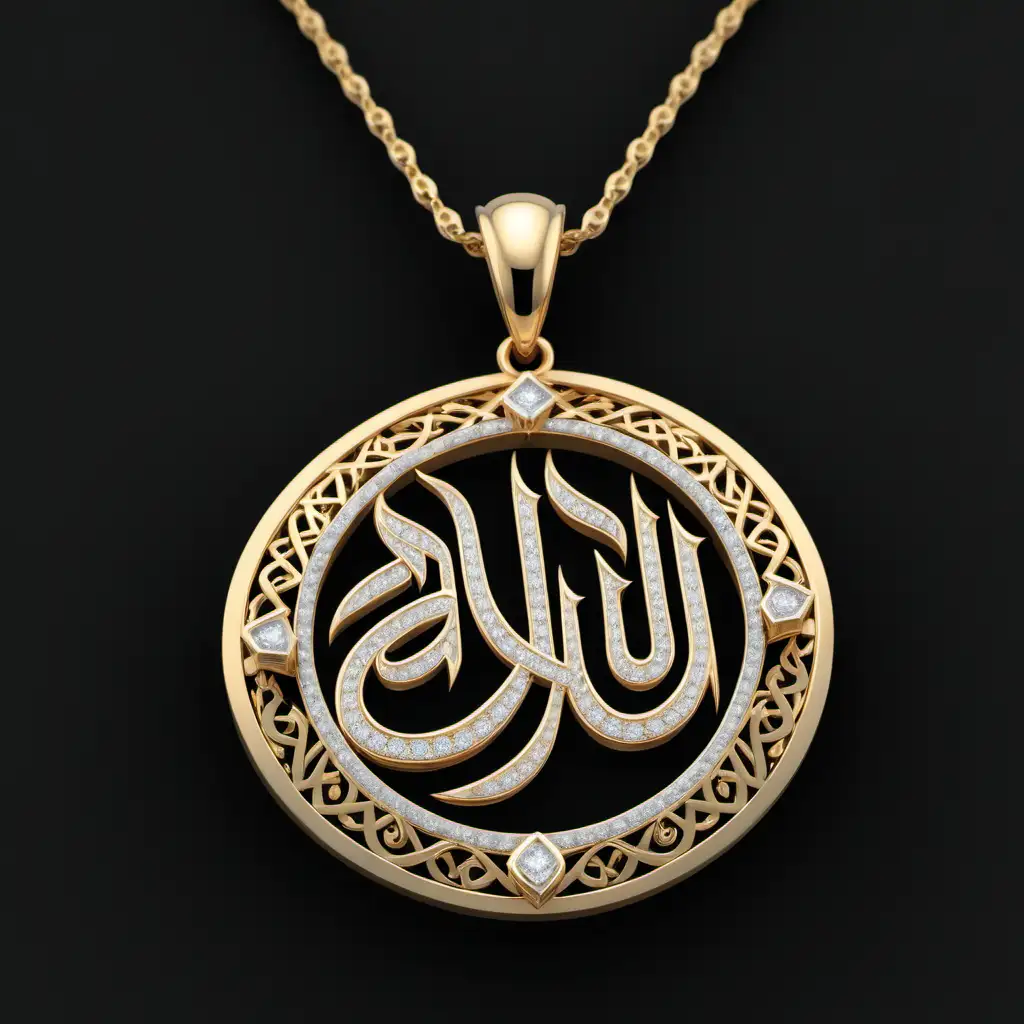 Design a 14 k diamond pendant
Include verses from the Quran that highlight Allah's attributes and teachings. Use Arabic calligraphy or transliterations along with English translations.
