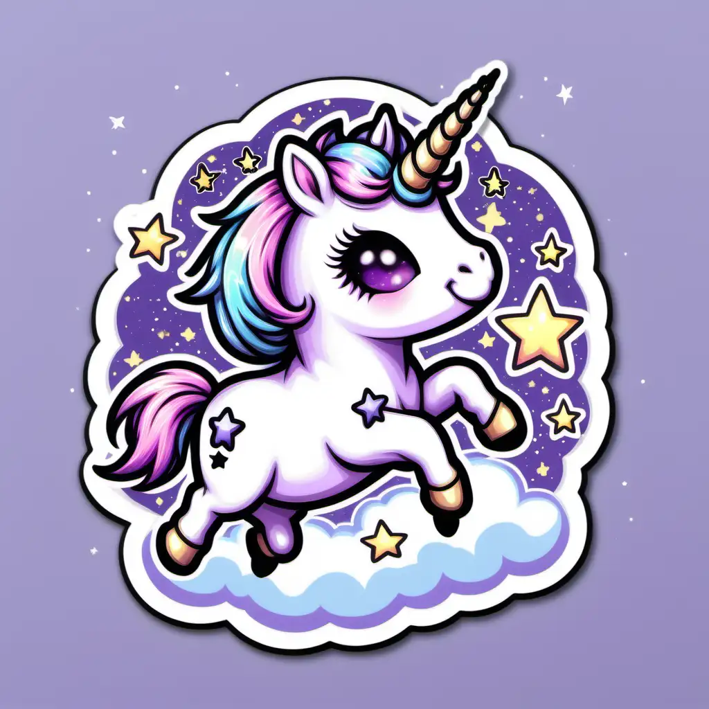 a sticker design of chibi pastel goth kawaii unicorn jumping over a cloud with and shooting stars in the background