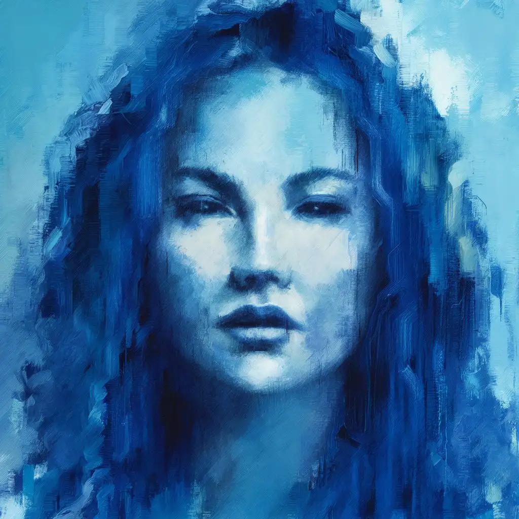 create an abstract oil paint inspired by the color blue and sky blue with an unclear faded siluet of a woman face in the back 
