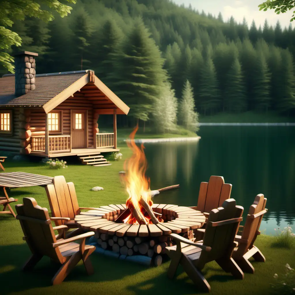 a charming log cabin by a lake in the the lush green forest. a bonfire, table and chairs made of wood. grass flowers surrounding the cabin. HD quality. photography style. sharp. highly detailed. 