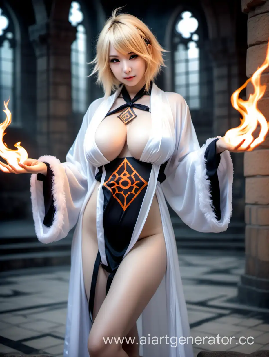 Cosplay Arknights model giant boobs, fantastic magician(majestic fluffy transparent silks robe outfit), dramatically and magically summons little flames from sealed symbol floor,masterpiece,ultra realistic,(blonde bobhair),realistic lighting,no topless, conceal, inside castle bg , realistic makeup, maximal majestic pose possibilities ,