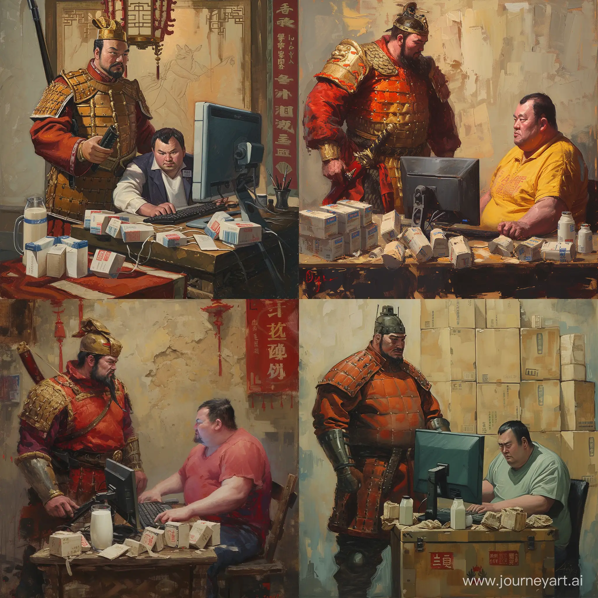 Medieval-Chinese-Soldier-Supervising-a-Unique-DayTrading-Scene-with-Soy-Milk