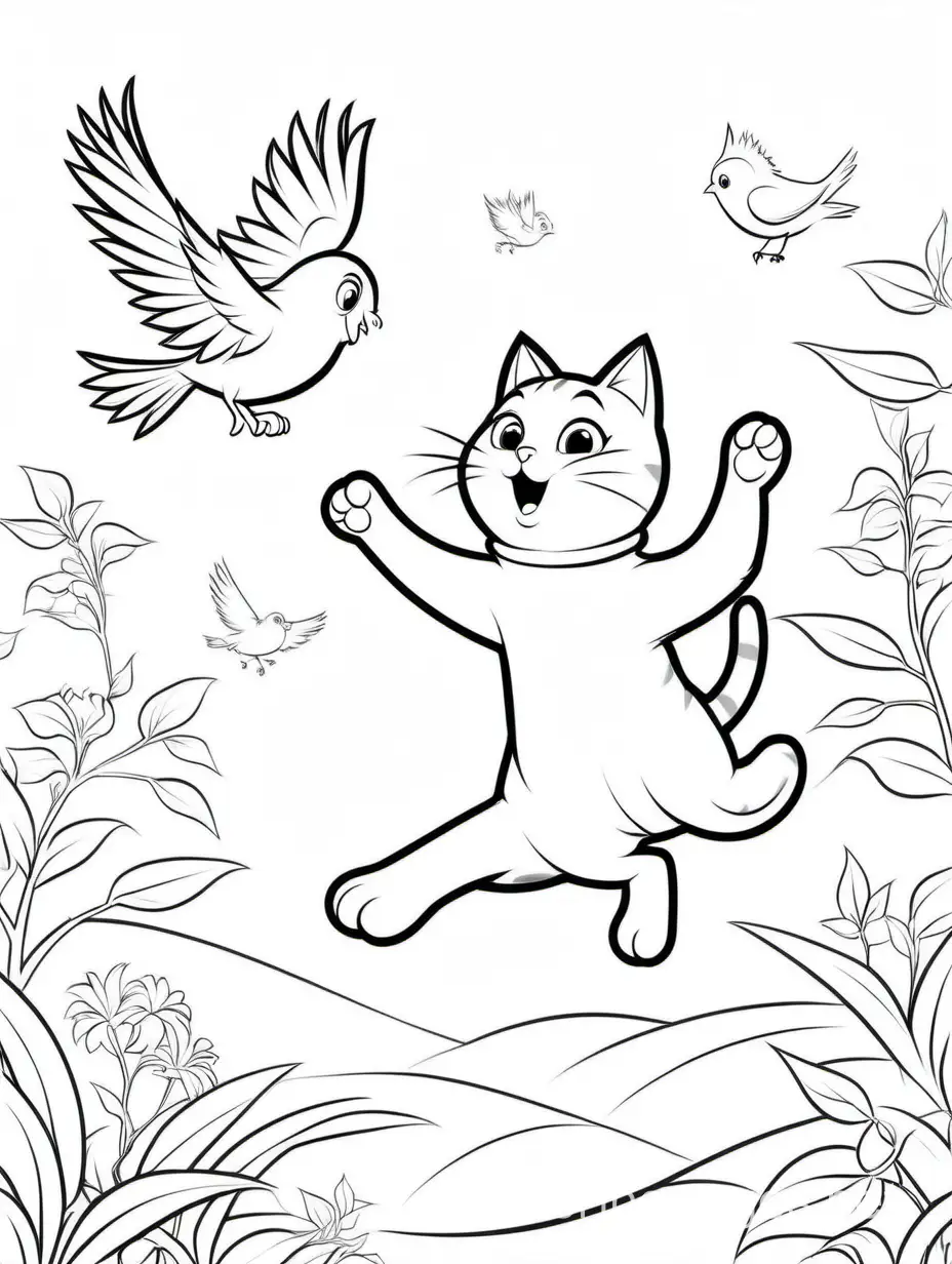 a cat catching a bird in mid air, Coloring Page, black and white, line art, white background, Simplicity, Ample White Space. The background of the coloring page is plain white to make it easy for young children to color within the lines. The outlines of all the subjects are easy to distinguish, making it simple for kids to color without too much difficulty