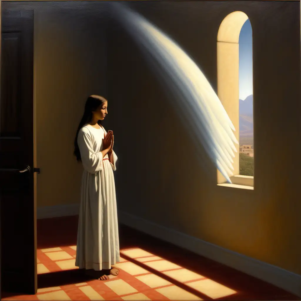 Title: "Annunciation: A Solitary Revelation"

Style: Bo Bartlett

Description:

In this painting, I envision a scene reminiscent of Bo Bartlett's style, capturing the essence of the Annunciation with a unique twist. The focus is solely on Mary, represented as a young Mexican girl, positioned centrally in the composition.

Mary stands in a simple, humble room, illuminated by the soft glow of a recently extinguished candle. The faint trace of smoke wisps upward, suggesting the moment of its extinguishment by a gentle breeze or divine intervention.  there is no angel, no wings.

Instead of depicting the angel Gabriel as a separate figure, I envision a ray of light penetrating through a nearby window, symbolizing his presence and the divine message he bears. This ray of light should be subtle yet distinct, casting a luminous glow upon Mary, perhaps highlighting her expression of awe and contemplation.

Overall, the composition should evoke a sense of solitude and introspection, inviting viewers to ponder the profound moment of revelation experienced by Mary in her solitary encounter with the divine.