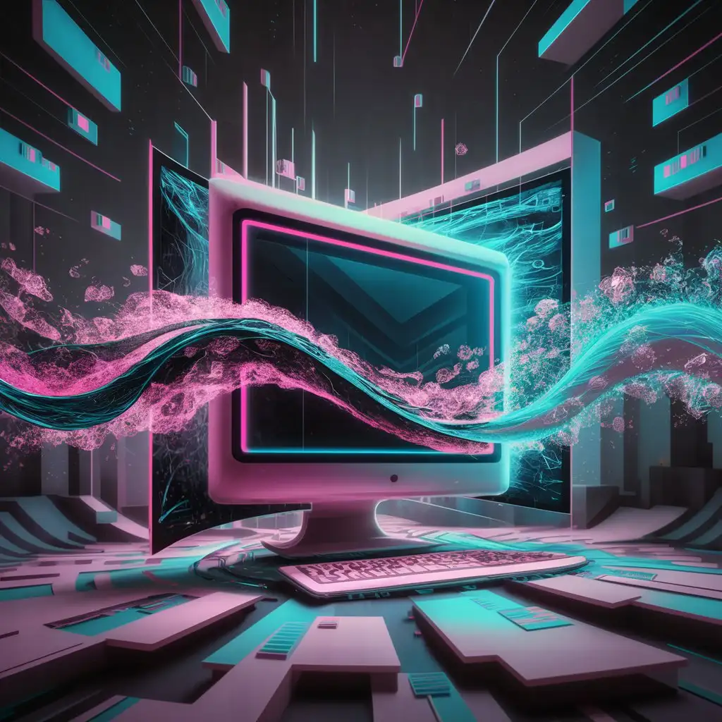 "Generate an image featuring a computer surrounded by floating web design elements. The design should have a digitalized and pixelated appearance, creating a visually appealing and futuristic atmosphere."






