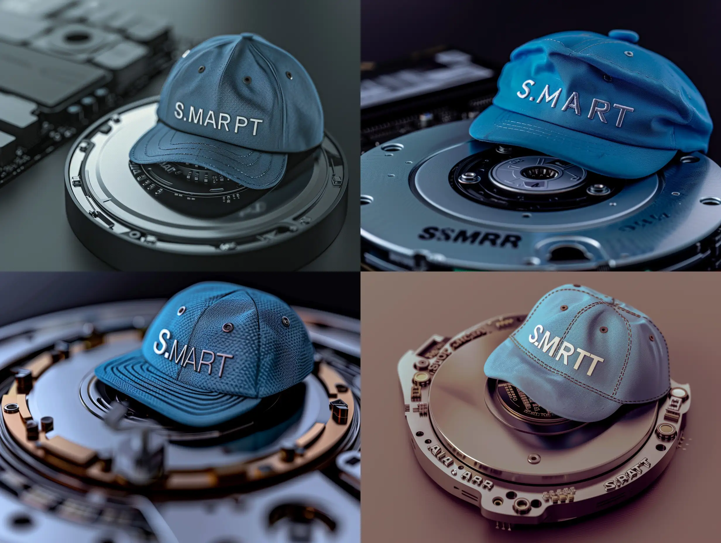 S.M.A.R.T, a computer hard drive, wearing a blue cap in pantone 288c, write "S.M.A.R.T" on the cap