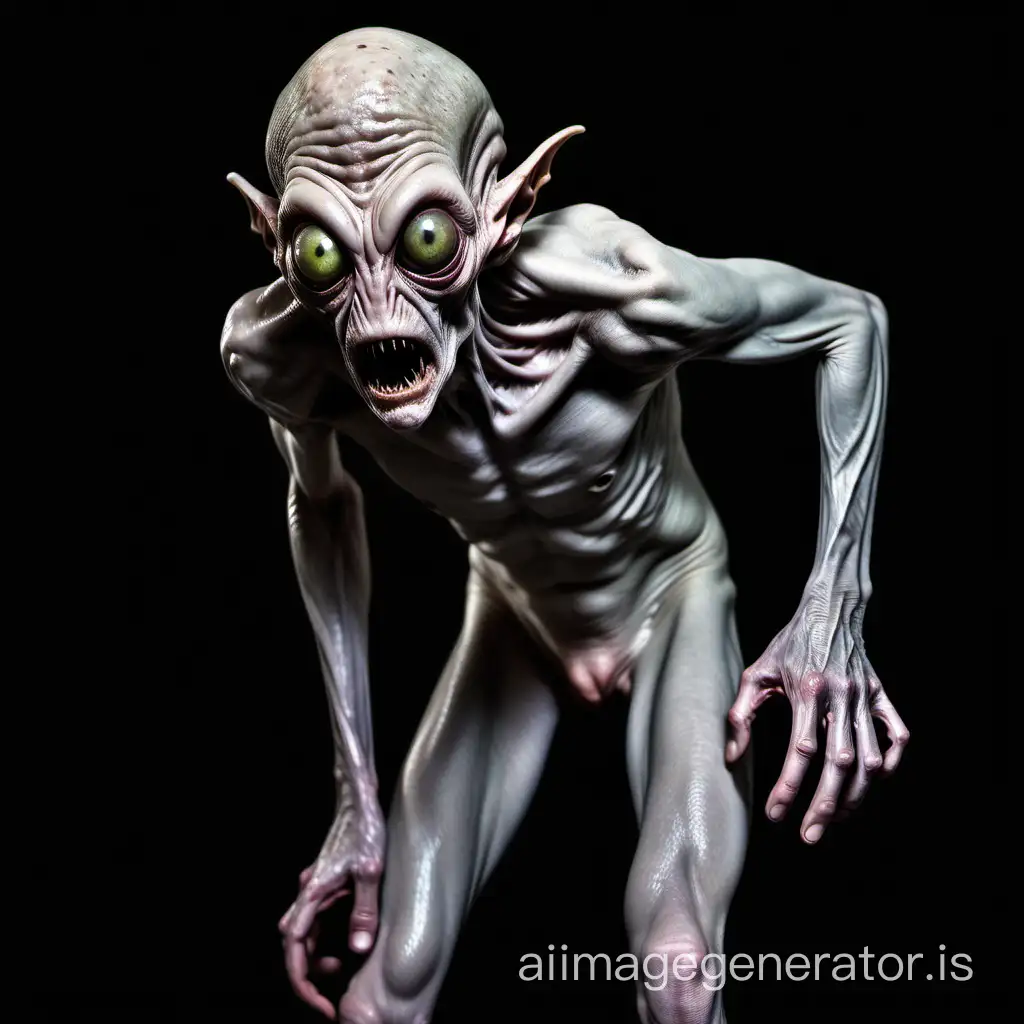 naked, skinny gray alien, abduction, terror,  full body, masculine alpha-male, sneak-attack, real, oozing, mischievous, highly intelligent, serious encounter, troublesome, on black background, in darkness, old, strong skin, ugly, fishy mucus brain, big hypnotic eyes