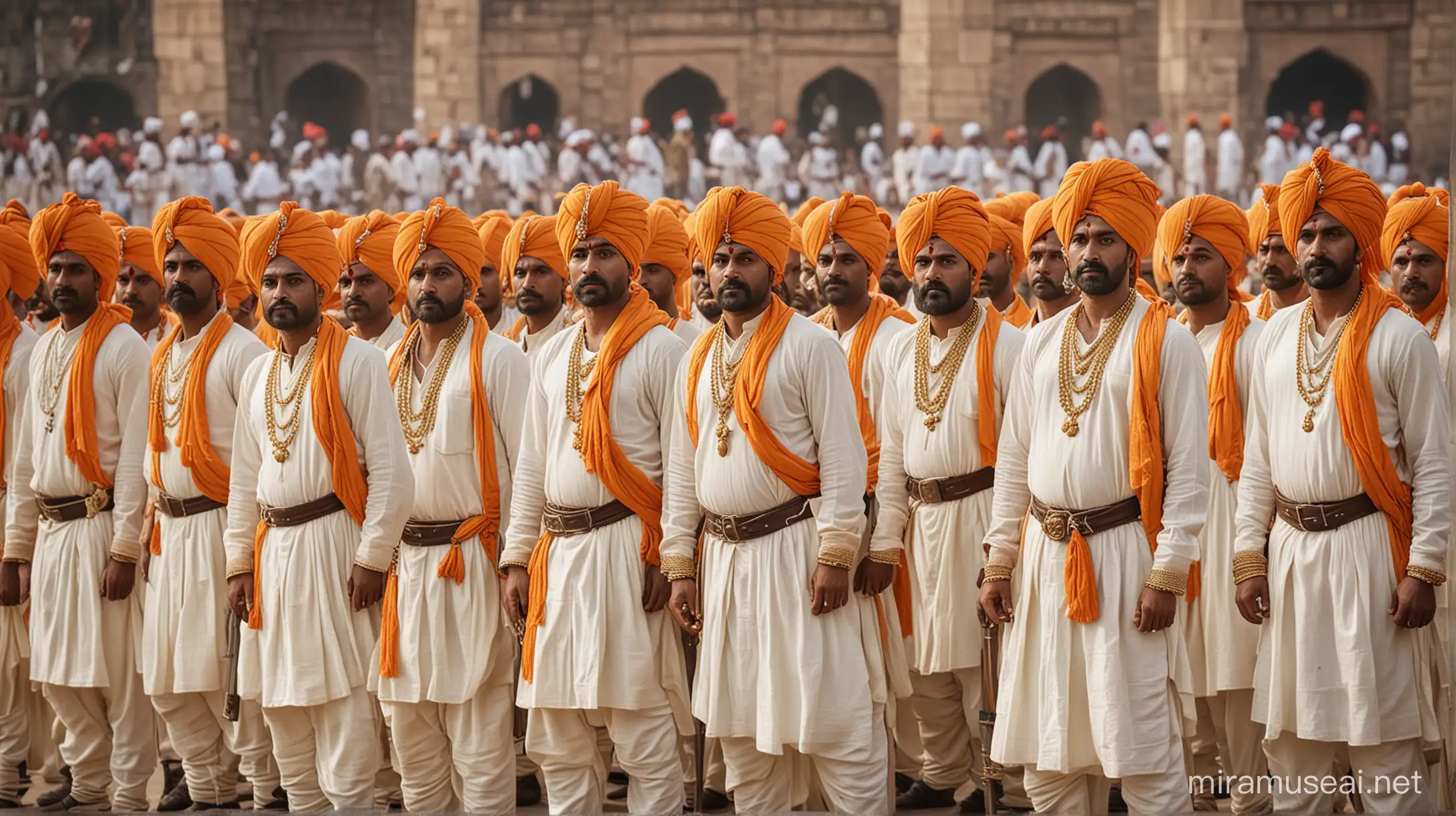 Create an image of many 17th century Maratha soldiers wearing white clothes and saffron turbansstanding in a durbar. Line after line as they slowly fade into background.
