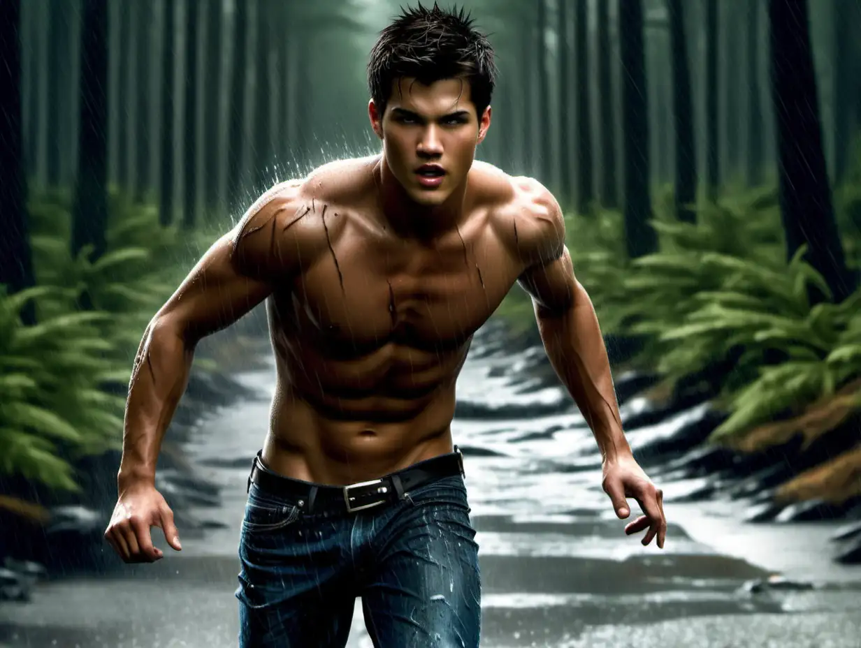 Jacob black shirtless, muscular, torn jeans, raining, running to rescue the viewer, forest