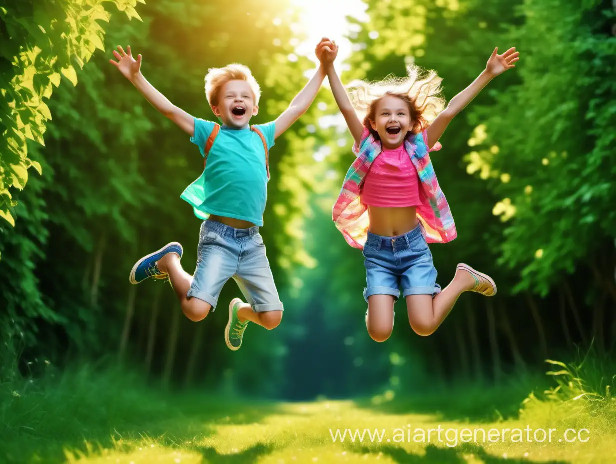 a photorealistic bright high detail full body frontal photo of joyful happy jumping Caucasian boy and girl 7-9 years old in summer clothes of bright colors, summer, sunlight from front and above, green background, full height frontal symmetrical photo, stock photo, sharp focus, 4K, best quality, extremely detailed, detailed clothing, highly detailed,   sharp focus,  centered image composition, 8K