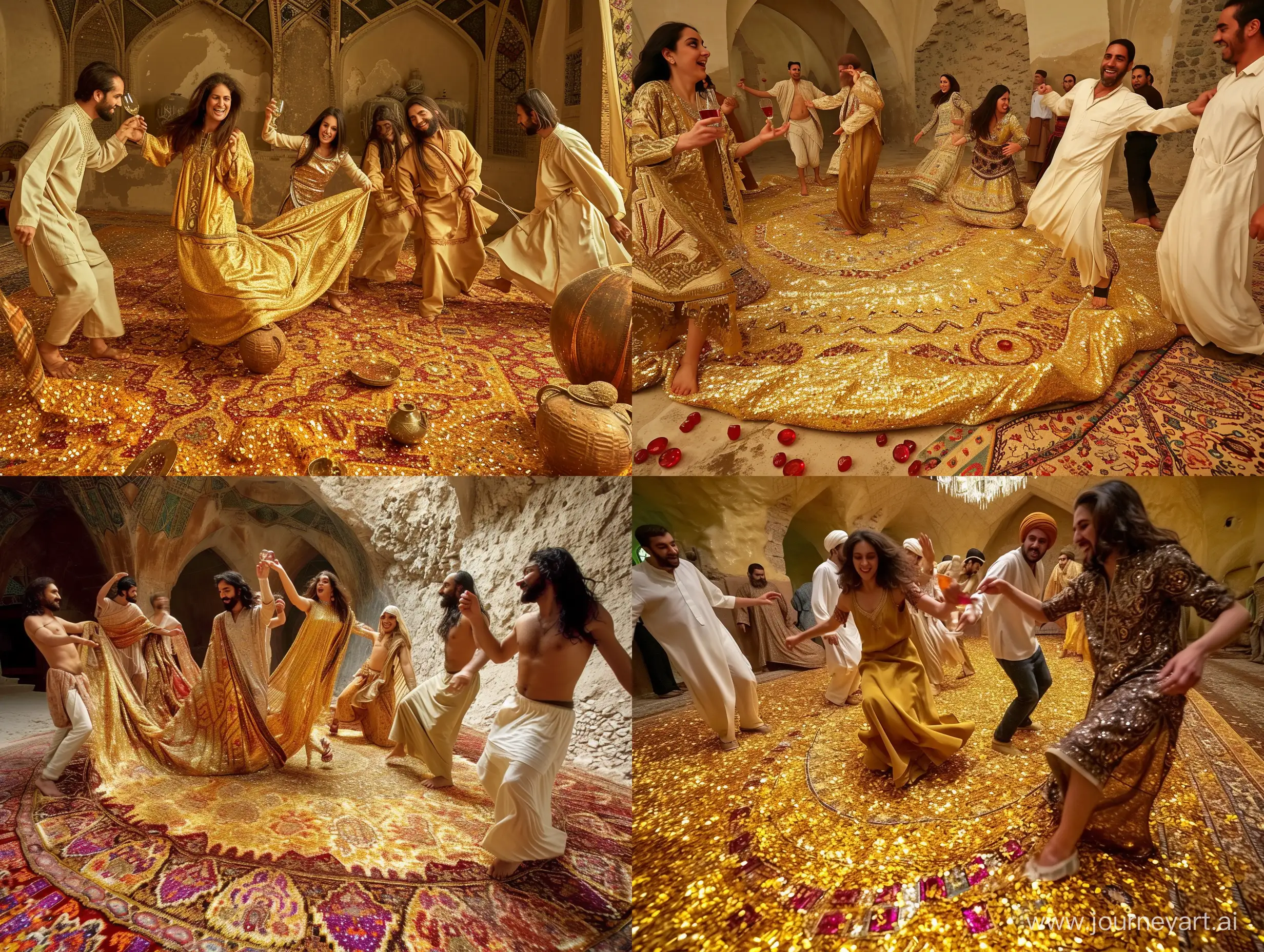 Men and Preity women are in the hall of the Parsian Empire Palace in Bam Castle and are happily dancing on a very beautiful and golden Persian carpet made of rubies and gold and drinking wine in Achaemenid Riton  and wearing traditional Persian clothes.