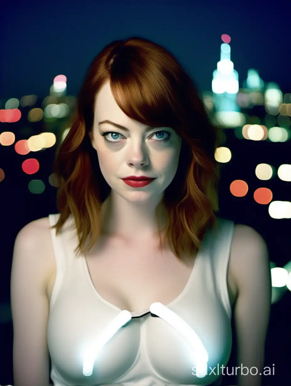 1 girl ,like emma stone, upper body，huge breast，happy, focus on eyes, Photograph by Loretta Lux ，shot with white neon light. Night city in background