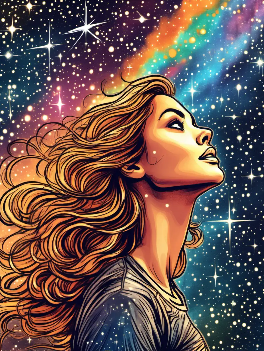 colorful drawing of beautiful woman looking up to the universe and seeing a line of beautiful energetic star dust 