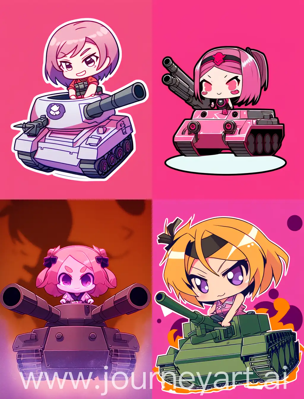 angry chibi anime girl holding a gun, sitting on top of a tank, cartoon anime style, with strong lines, with pink solid background