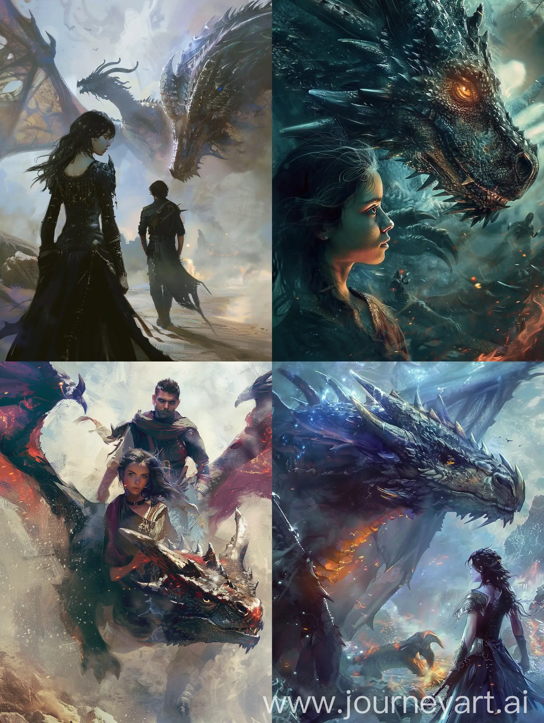 Fantasy-Adventure-DarkHaired-Girl-and-BlackClad-Man-Confront-Dragon