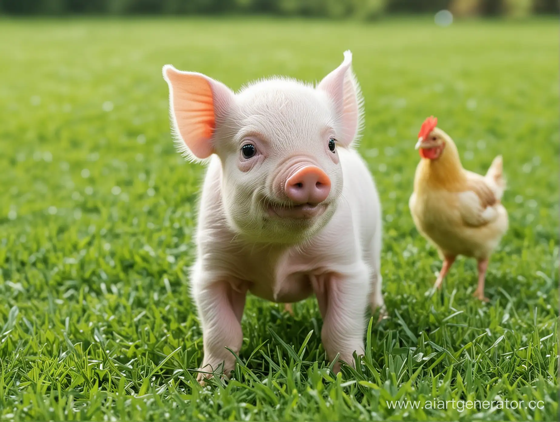 Adorable-Piglet-and-Chicken-on-Lush-Green-Lawn-Charming-Farmyard-Scene