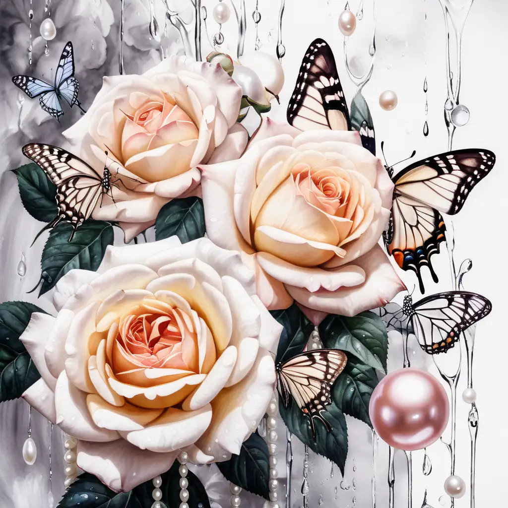 stora rosor som bakgrund , någon fjäril, ett pärlhalsband som ringlar över , i vita toner med vatten färg