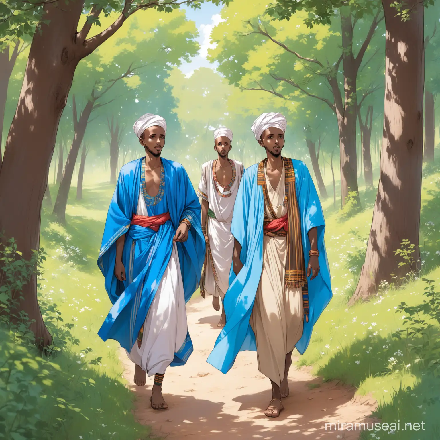 Two somali brothers walking in the woods wearing somali traditinal clothes, comels are grazing around them