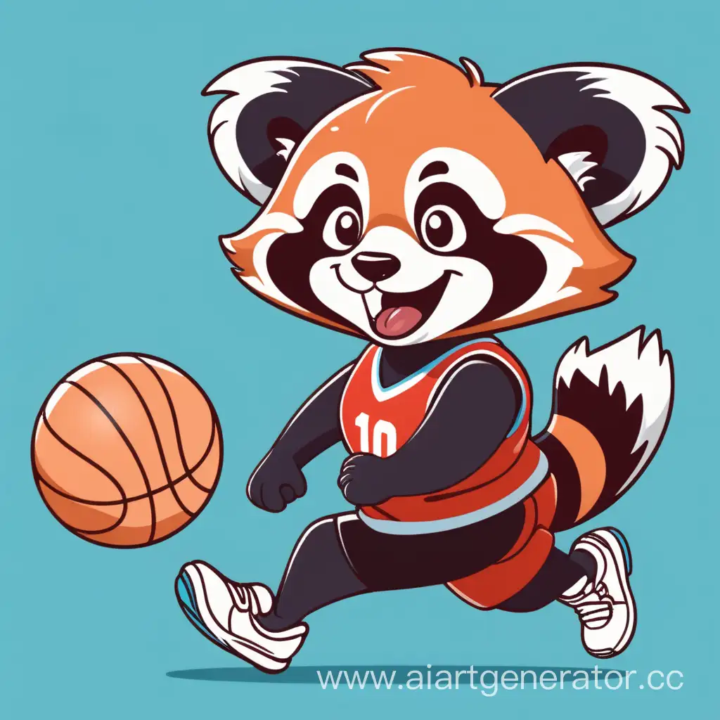 красная панда бегает с мячом баскетбольным веселая в спортивной форме
мультяшная