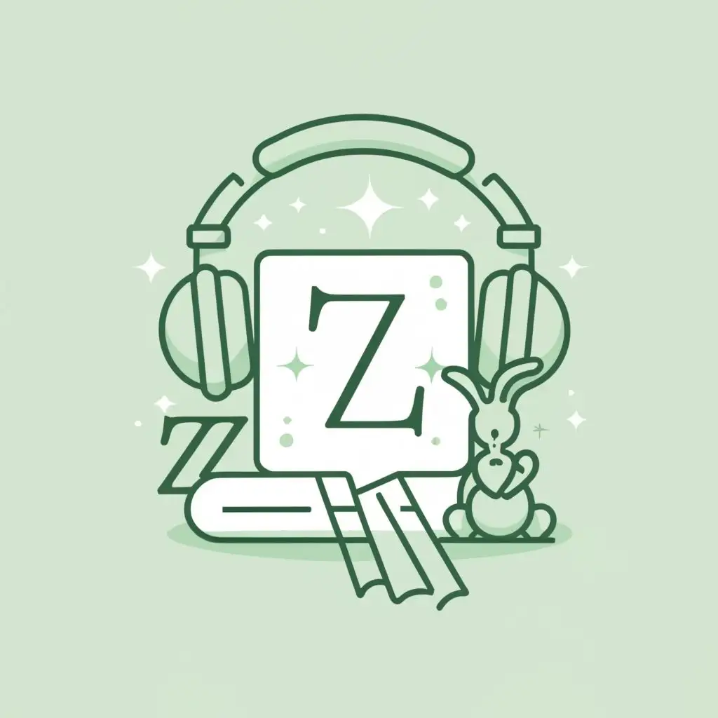 logo, book, headphones, pastel green, bunny, with the text "z", typography