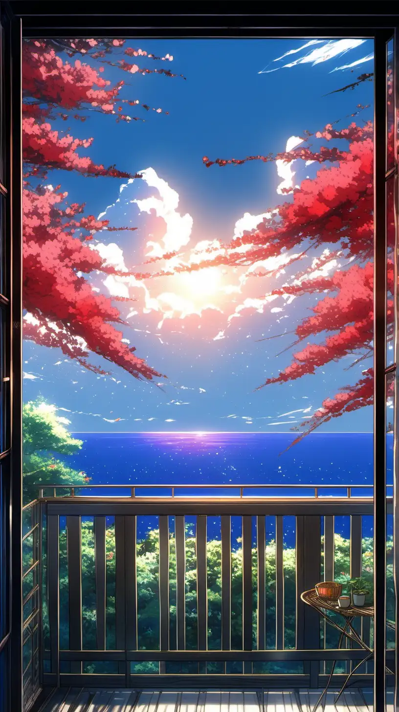 beautiful view to the sea  from hut's balcony made of natural tree's branches full of red flowers and plants,  beautiful sky with silver lining clouds, fake detailed, animation, acrylic palette knife, trending pixiv fanbox, makoto shinkai style, ghibli studio, no people, anime, 2D, masterpiece, best quality, 8k, anime.