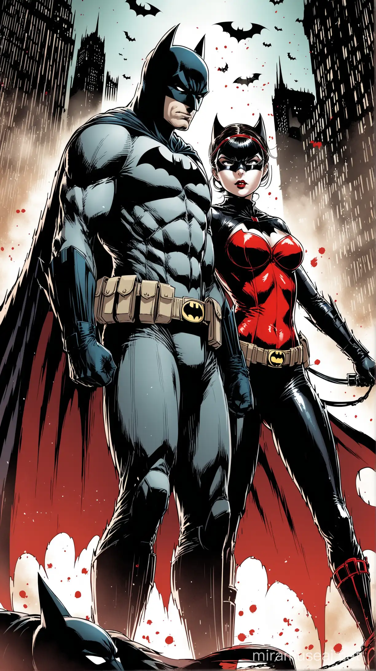 Dynamic Duo Batman and Catwoman in a Red and White Night