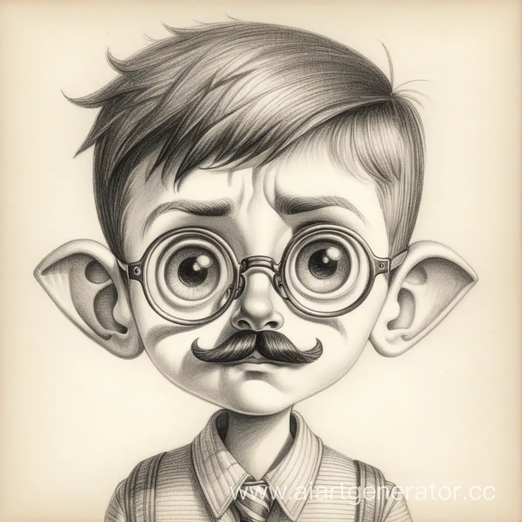 A short schoolboy with huge ears and big eyes with square mustaches, pencil drawing