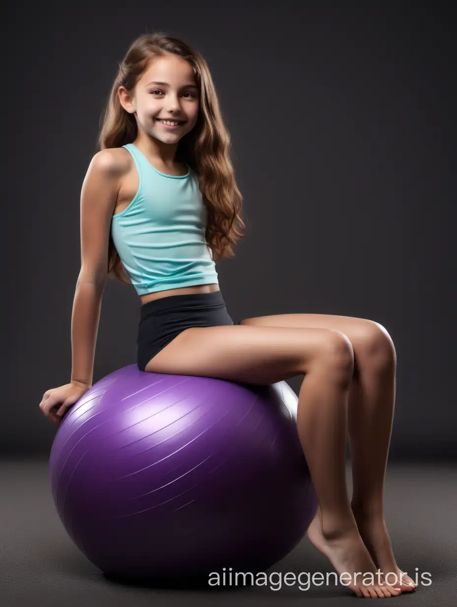 she lies on a fitness ball with her back to the camera. This 10-year-old girl has a slender body with graceful proportions. She has a round head with soft facial features. Her round eyes, hazel in color, radiate joy and curiosity. Her small nose is slightly upturned, giving her a friendly look. She has full, gentle lips that are often adorned with a cheerful smile. This girl's hair is long and thick, dark chestnut in color. It cascades down her back in soft waves, creating an elegant look. Her hair also has a natural shine and softness, 8K UHD, full body in image, she lies on a fitness ball with her back to the camera