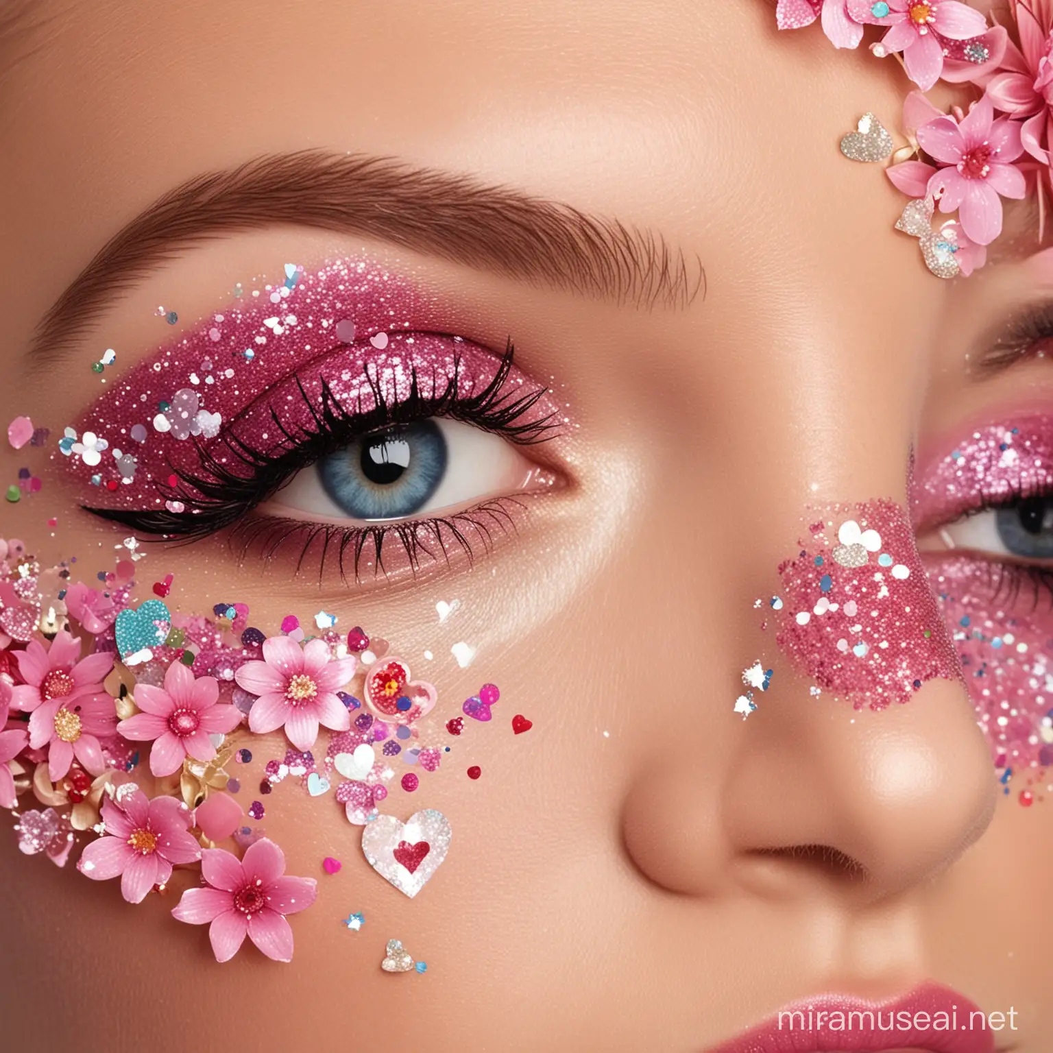 Romantic Composition Love Hearts Flowers Makeup and Glitter