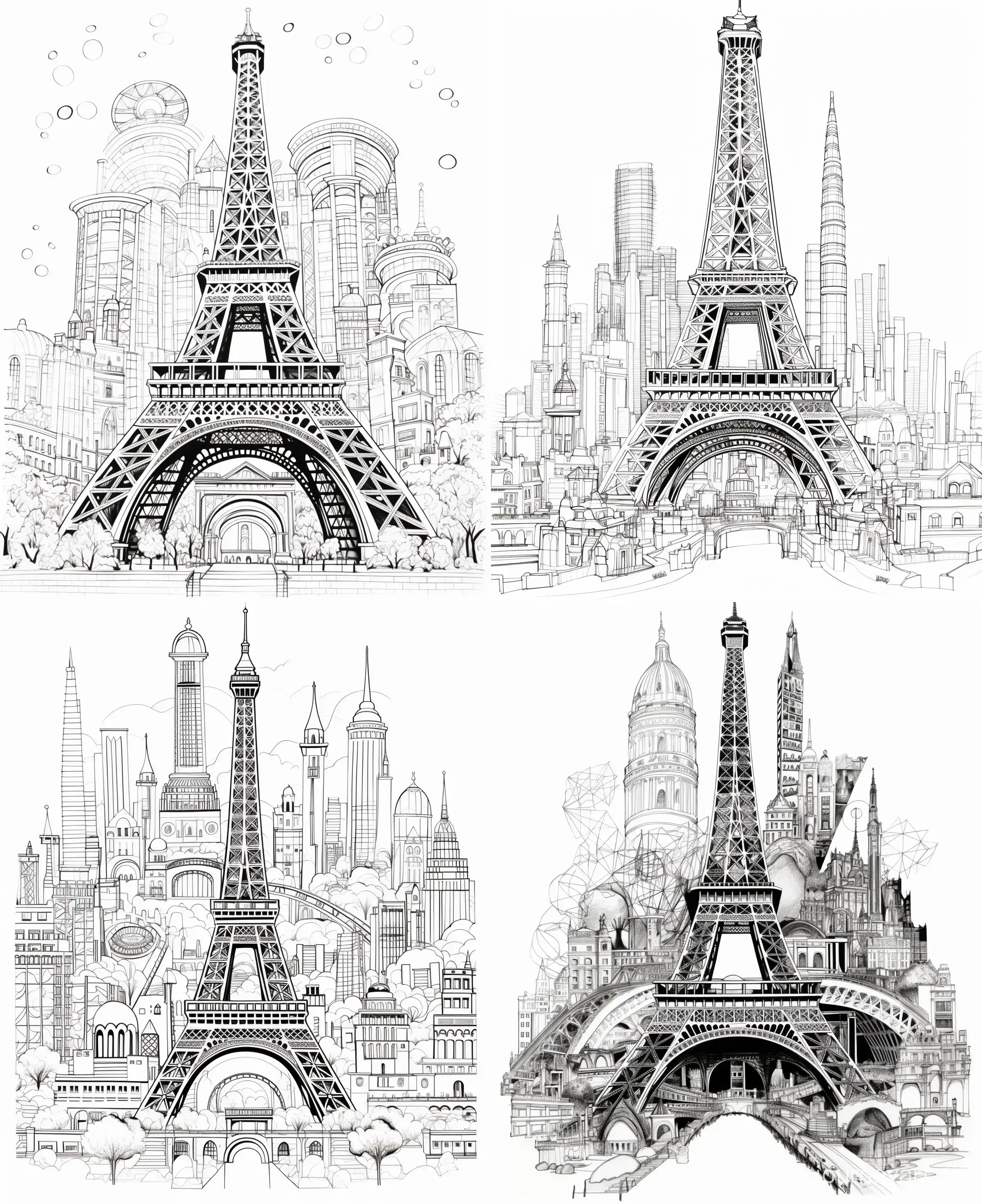 adult coloring page, collage Eiffel Tower, black & white image, black line vector art, bold black lines, realism, clean line art, no shading, white background --ar 9:11