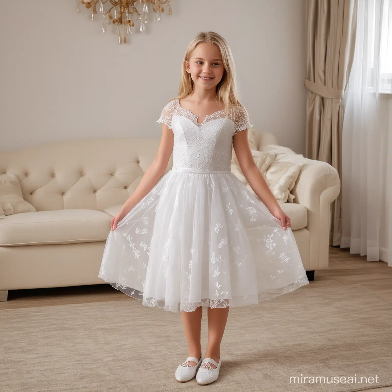 11 year old busty thin blonde  girl in semi transparent communion lacy short ball gown dress white shoes  in living room