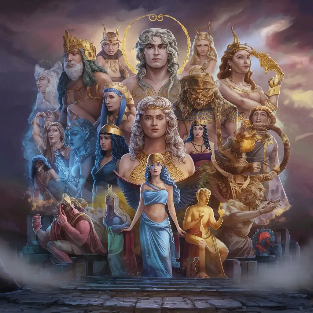 Dramatic illustrations of gods, goddesses, and mythological tales from Greek, Norse, Egyptian, and other ancient cultures.