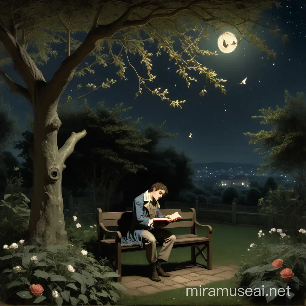 Lonely Young Man John Reading Book in Moonlit Garden