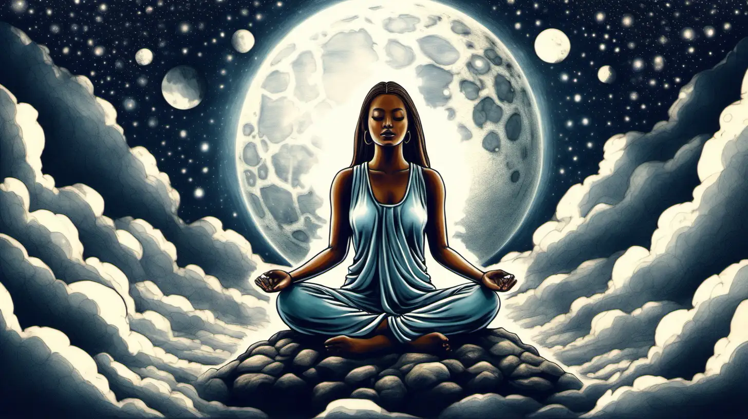 Meditating Woman Surrounded by Ethereal Energy under the Full Moon