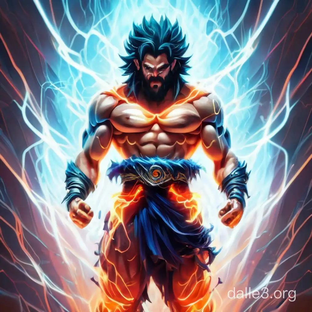 Illustrate Zeus in a menacing and muscular form, resembling Goku from Dragon Ball, amidst a dark and foreboding atmosphere, emanating a powerful aura with electrifying energy. Hyper realism fused with 3d art.