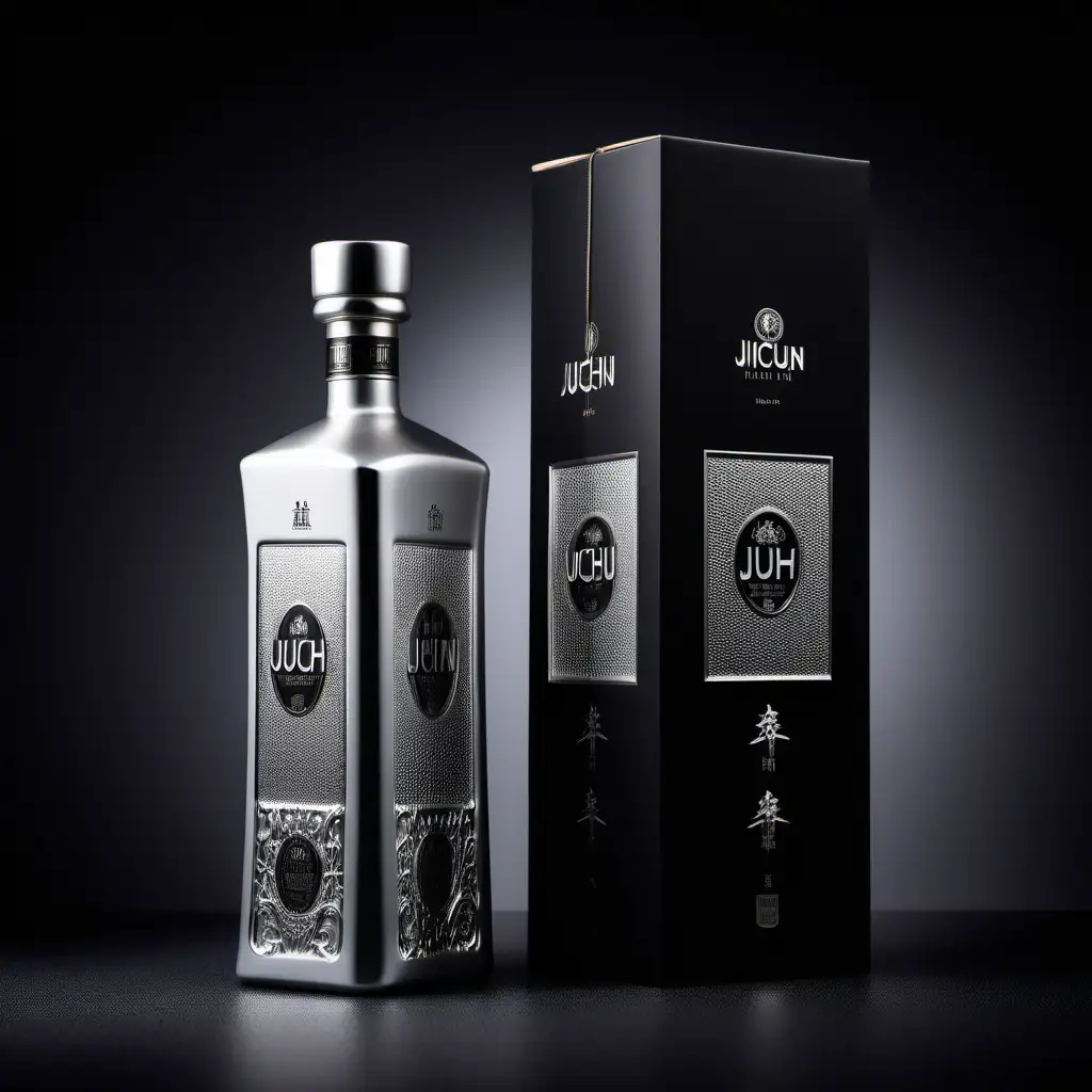 Modern health liquor packaging design, high end liquor, photograph images, high details, silver and black ceramic texture, brand name is 玖莼