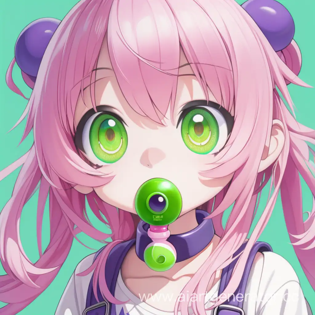 anime girl with purple eyes and pink hair with a green pacifier in her mouth