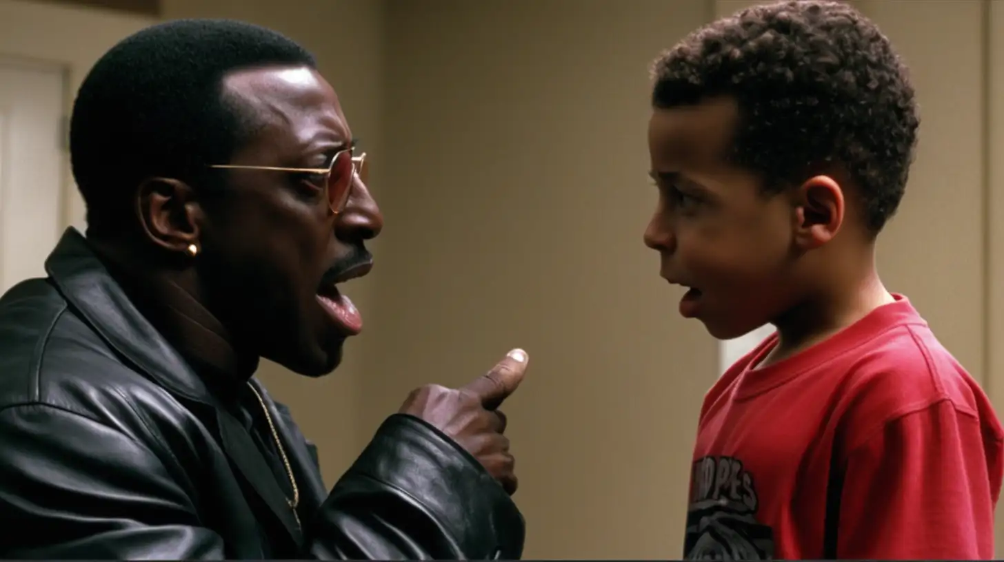 Wesley Snipes having a heated argument with his son, trying to convince him of the danger they're in.