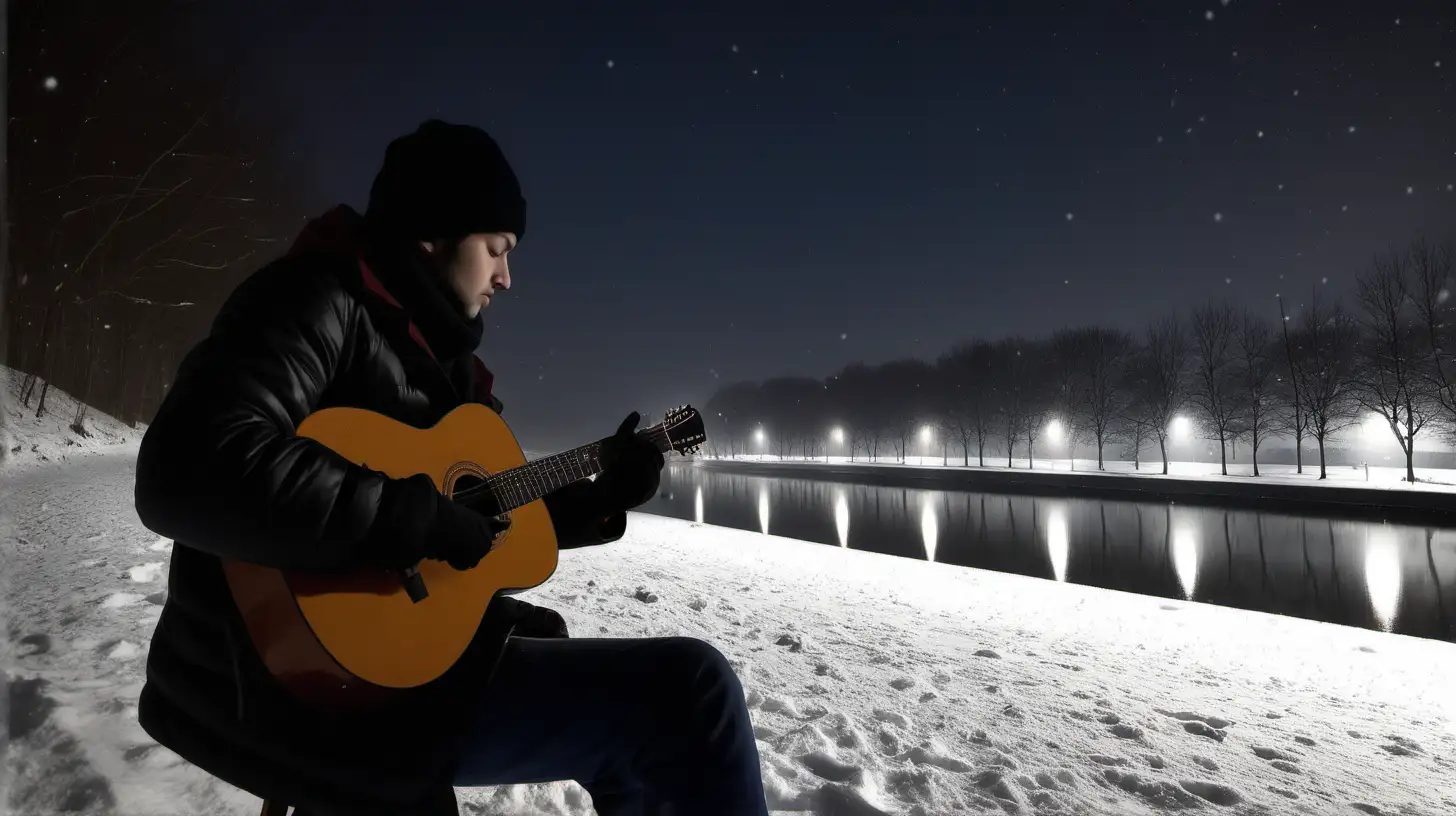 European Street Guitarist Performing on a Snowy Night