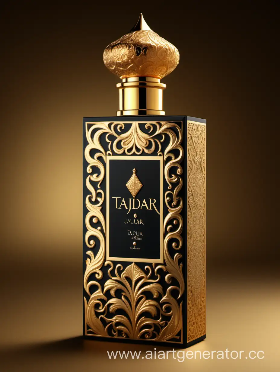 Box package design of perfume TAJDAR product, elegant, trending on artstation,   sharp focus,   studio photo,   intricate details,   highly detailed,   gold, Royal black and beige color on gold background