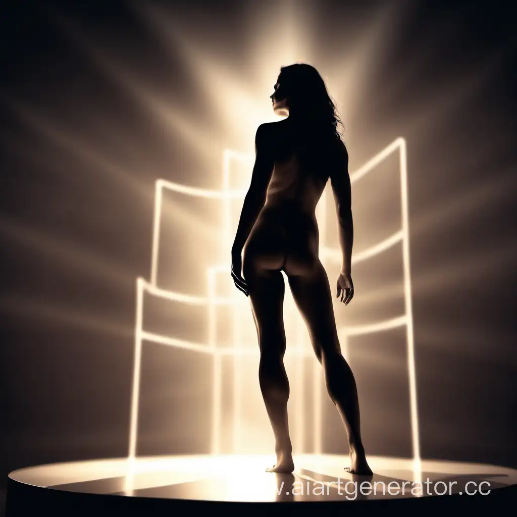  эротический, очертания голого женского тела силуэт 
 фон со световыми пятнами ,размытиями , перспективой с подиумом внизу свечение 