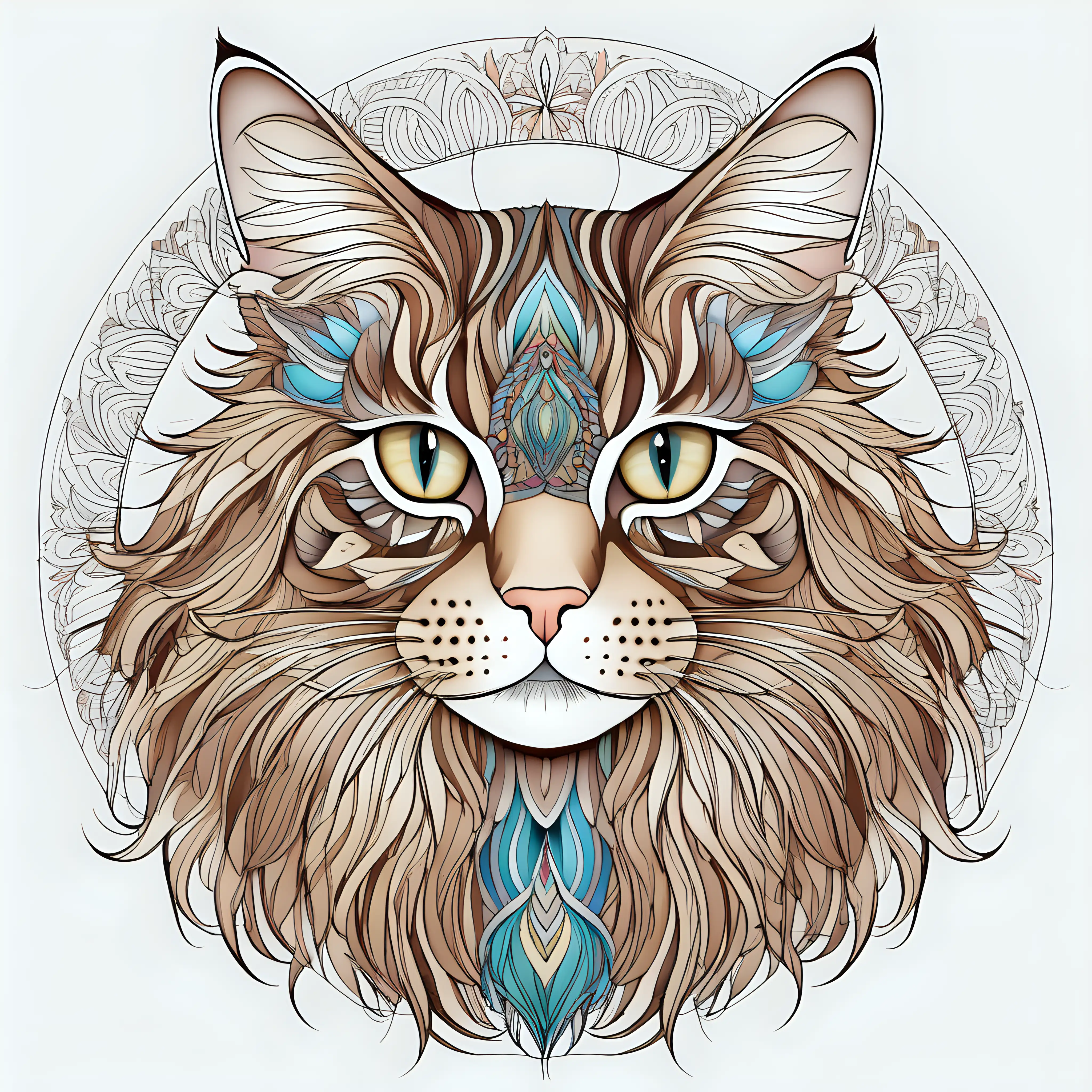 maine coon cat  mandala, vector, HD, white background, fine art line, colored, simple details