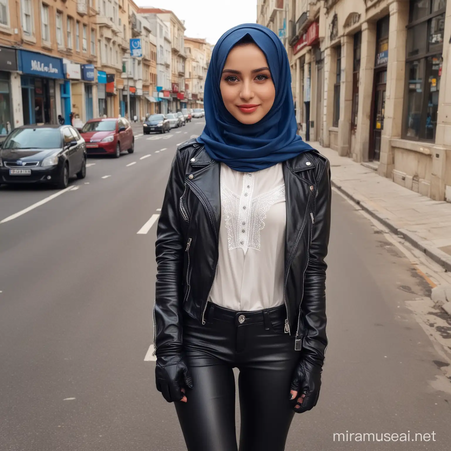 hijabi, 1girl 100% beautifull hijab, solo person，solo， beautifull hijab blue dress hijab muslimah full body, smile face，Tall nose，largeeyes，double eyelid，Light-colored eyeshadow，Redlip，Long hair shawl，mature pretty woman，Slim figure，Black leather jacket and skinny leather pants，Leather glove，Leather boots，Stand up，outside，the street，the motorcycle，Look to the lens，hyper qualit，4K，Photo level，True skin texture，super detail, hyper realistic, resolusion UHD